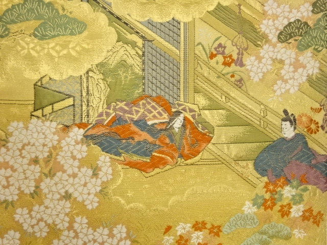  木々に屋敷・人物模様織出し全通袋帯